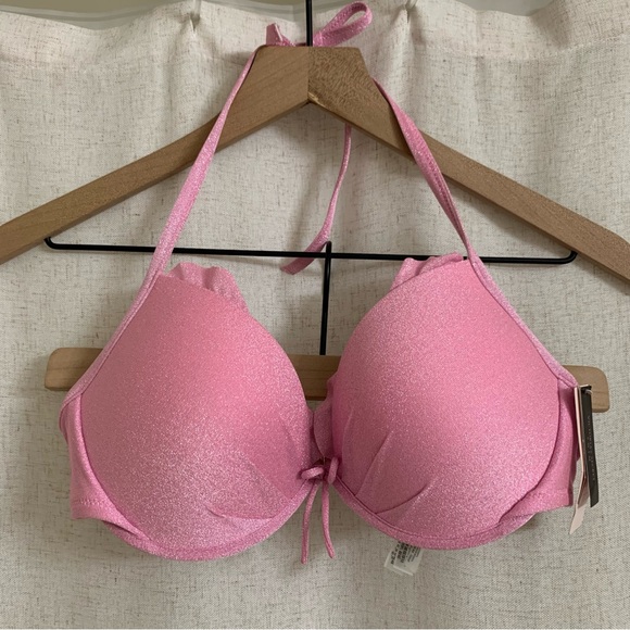 Victoria's Secret Other - Victorias Secret Sparkly Glitter Barbie Pink Moderate Push up Tie Bikini Top 36C